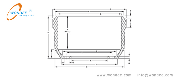 Schematic diagram of brake drum parameters from a China’s manufacturer WONDEE Autoparts مخطط تخطيطي لمعايير طبل الفرامل من الشركة المصنعة للصين Wondeee AutoParts