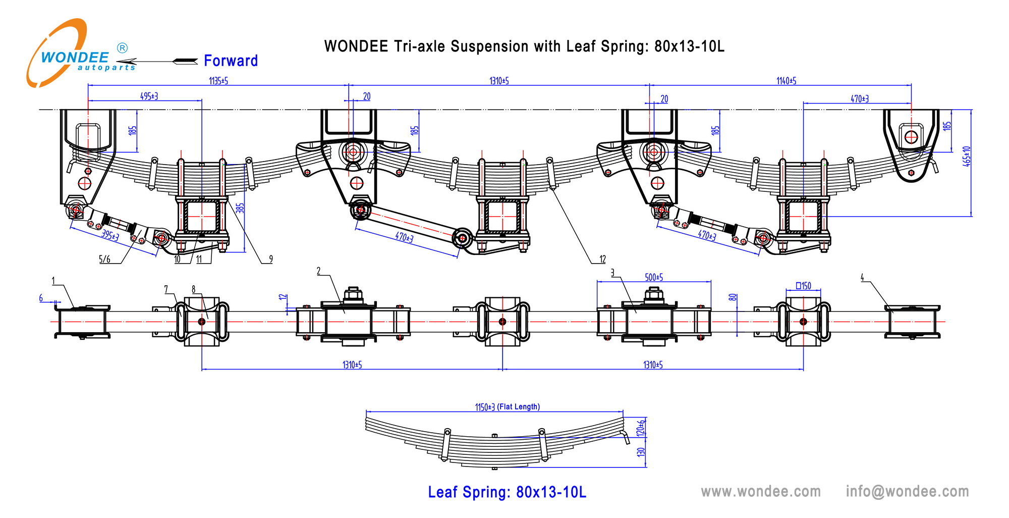 تعليق Wondee Tri-Axle مع ورقة الربيع 80x13-10L-2