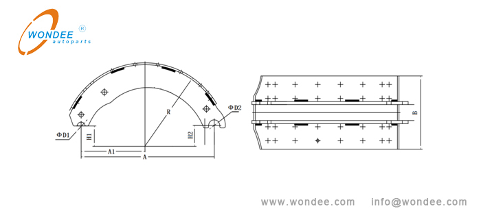 Schematic diagram of a brake shoe parameters مخطط تخطيطي لمعايير حذاء الفرامل